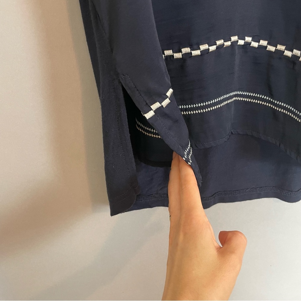 Dolan Anthropologie Top Blouse Embroidered Dark Blue 3/4 Sleeves V-Neck Medium View 6